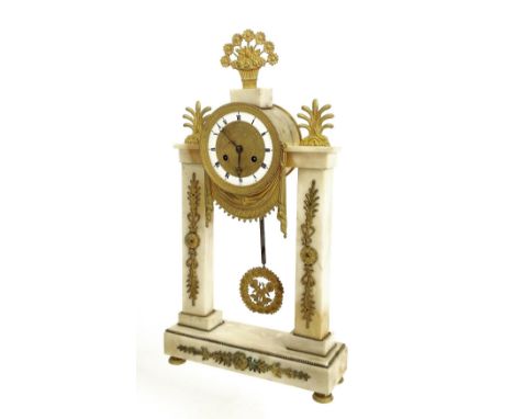French ormolu and marble two train drumhead mantel clock, the movement with outside countwheel striking on a bell (missing), 