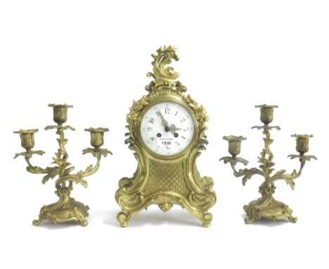 French ormolu two train mantel clock garniture, the Marti movement with outside countwheel striking on a bell, the 5" white d