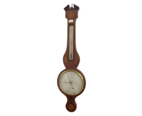 Mahogany inlaid banjo barometer/thermometer, the 9" silvered dial signed A. Gugeri & Belotti, 15 Union Court, Holbein Hill, w