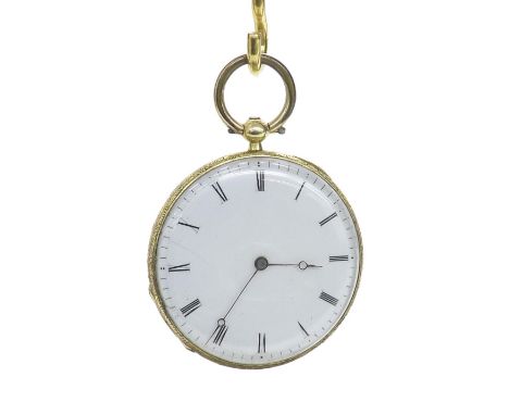 Perret & Cie, Geneve gold and enamel cylinder fob watch, gilt bar movement, signed cuvette and no. 5931, white dial with Roma