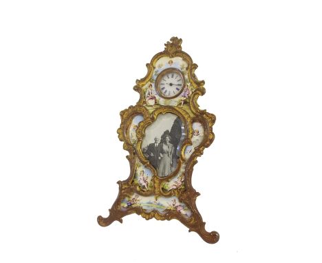 Austrian ormolu and enamel easel picture clock, the 1" white dial within a rococo ormolu style case decorated with enamel car