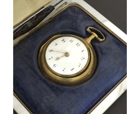 English 18th century gilt pair cased verge pocket watch, circa 1760, signed Rob't Rogers, Bristol, no. 1036, fusee movement w