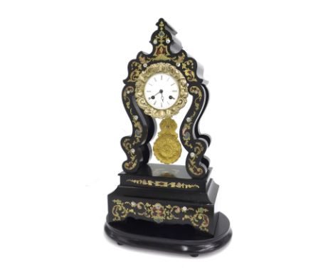 French ebonised and inlaid two train portico mantel clock, the S. Marti movement with outside countwheel striking on a bell, 