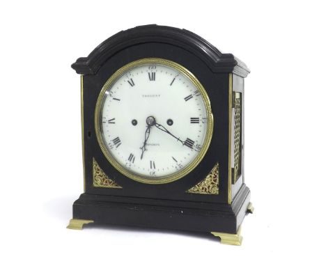 Good English ebonised double fusee verge pad top bracket clock, the 7" circular white  enamel dial (restored) signed Tregent,