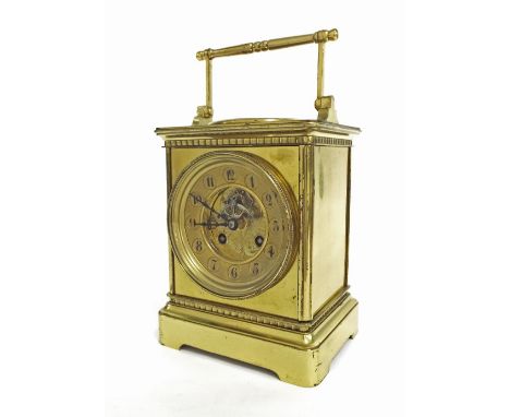 Good brass two train mantel clock/aneroid barometer, the movement striking on a gong, the 4" gilt metal chapter ring with Ara
