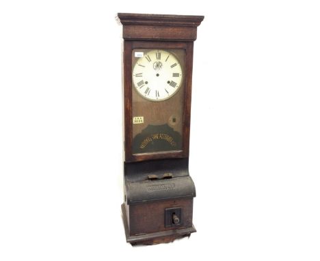 National Time Recorder Co. clocking-in clock, the 10" circular dial signed GWR above a plaque inscribed G.W.R. 3235, within a