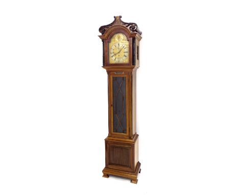 Good mahogany three train musical longcase clock, the 12" brass arched dial signed Goldsmiths & Silversmiths Company, 112 Reg