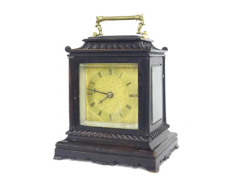 Attractive small English ebonised single fusee mantel clock, the front plate stamped John Smith, Derby, the foliate engraved 