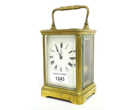 French Henri Jacot carriage clock striking on a gong, within a corniche brass case, 7" high; within a Morocco leather travell