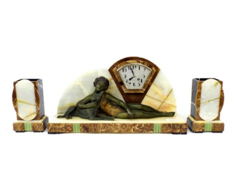 Art Deco marble and onyx figural mantel clock garniture, the movement with outside countwheel striking on a bell, the silvere