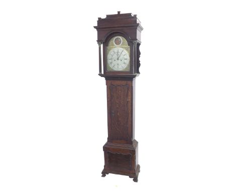 Oak eight day longcase clock, the 12" brass arched dial signed Aaron Austin, Bristol to the centre with subsidiary seconds di