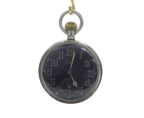 Rolex WWII British Military issue nickel cased lever pocket watch, the black dial with gilded luminous Arabic numerals and su