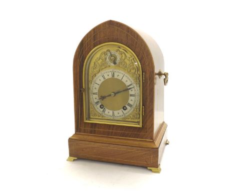 Rosewood lancet ting-tang mantel clock, the W & H movement striking on two gongs, the 6" brass arched dial with silvered chap