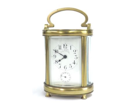 French oval carriage clock timepiece with alarm, the dial inscribed H. Chapus...Paris, 6.5" high (later platform)