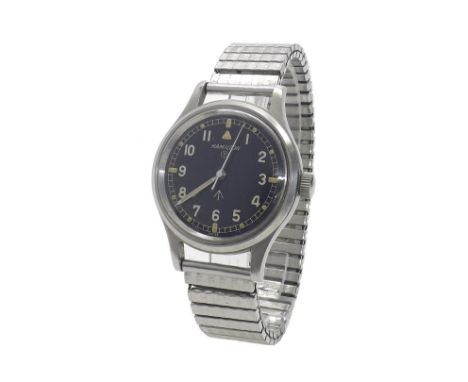 Hamilton H-67 British Military issue stainless steel gentleman's wristwatch, the black dial with Arabic numerals, luminous ma