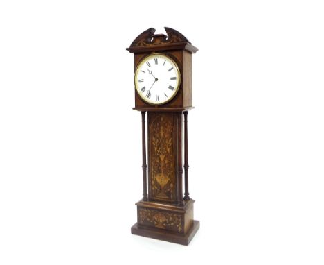 Boxwood inlaid wooden miniature longcase clock timepiece, with VAP movement, the 3.5" circular dial within a pillared stepped