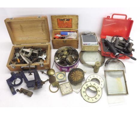 Quantity of various tools and clock parts including chapter rings and glasses etc; also a small quantity of watch movements a