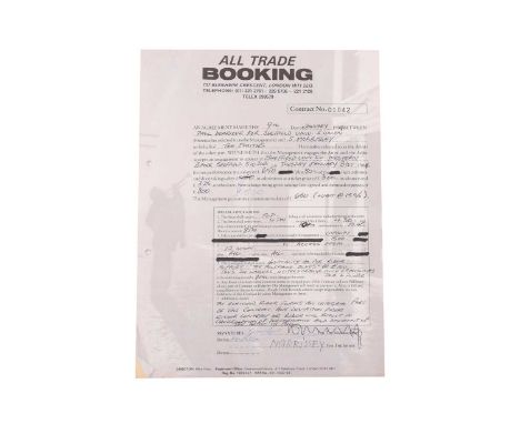 The Smiths: the original live booking contract for the band's performance at Sheffield University Students Union, on 'Tuesday