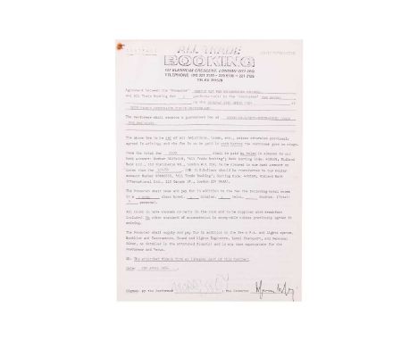 The Smiths: an original contract for the band's live performance at Rote Fabrik, Switzerland, on Tuesday 24 April 1984, signe