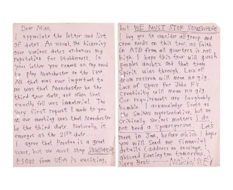 The Smiths: a handwritten and signed two-page letter from Morrissey, to Mike Hinc, live booking agent at All Trade Booking, f