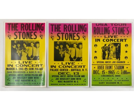 Three Rolling Stones tour window cards from 1965 for San Francisco Cow Palace, Riverfront stadium and The Palace Centre, Buff