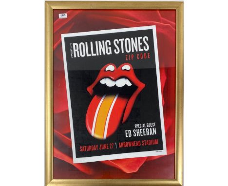 A framed limited edition 482/500 of Rolling Stones poster of 'Zip Code' featuring special guest Ed Sheeran, frame size 87 x 6