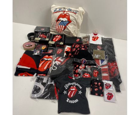 A large collection of Rolling Stones accessories, including belts, beanies, shoelaces, CD holders, cushions etc.