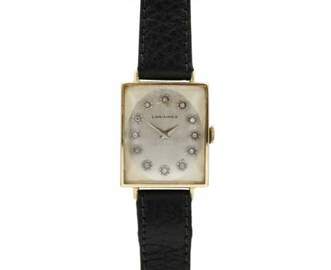 LONGINES - A 14ct rectangular cased lady's manual wind wristwatch with diamond set dial. The signed 20mm silvered two tone di