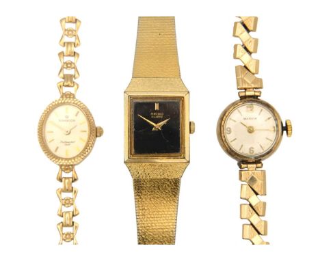 Three lady's wristwatches including a Sovereign 9ct bracelet quartz. Weight of the Sovereign including movement 8.2g; togethe