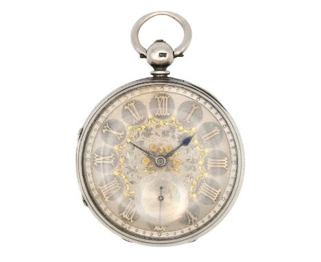 A silver cased key wind fusee lever open face pocket watch. The silver engine turned dial with applied gilt Gothic Roman nume