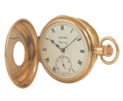 VERTEX FOR ASPREY - A 9ct half hunter crown wind lever pocket watch. The signed 40mm white enamel dial with Roman numerals an