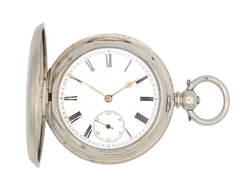 A .935 silver-cased full hunter key wind pocket watch.  The unsigned dial with Roman numerals and subsidiary dial, unsigned S