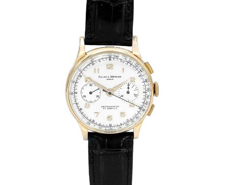 BAUME &amp; MERCIER - an 18ct gold cased gentleman's chronograph wristwatch. The 34mm signed silver dial with rose gold Arabi