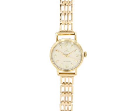 CYMA - A Cymaflex 9ct ladies manual wind bracelet wristwatch. The signed 19mm cream dial with gilt Arabic quarter hour numera