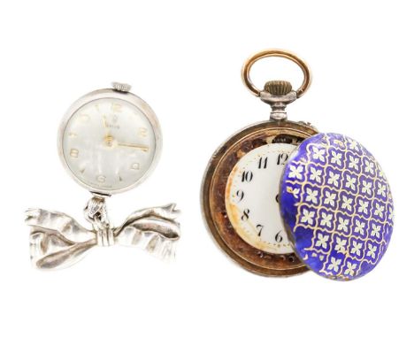 A Tudor silver nurses 'ball' watch on a silver ribbon brooch and a 935 silver enamel fob watch. The Tudor watch with 17 jewel