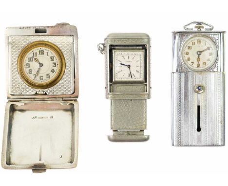 A selection of three purse watches. One by Gieves Ltd within a silver and blue guilloche enamel case, Birmingham 1932, width 