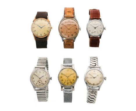 A collection of six gentleman's manual wind wristwatches.  To include a Cyma mid-sized 15 jewel, 28mm; a Jura Watch 15 jewel,