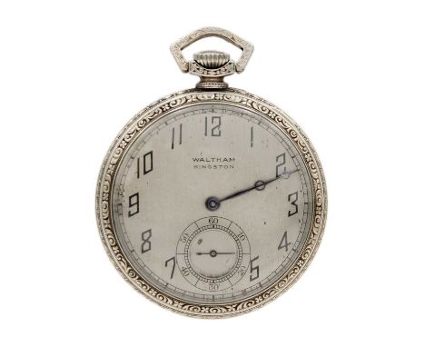 WALTHAM - An Art Deco gold plated crown wind open face pocket watch. The silvered dial with stylised black Roman numerals and