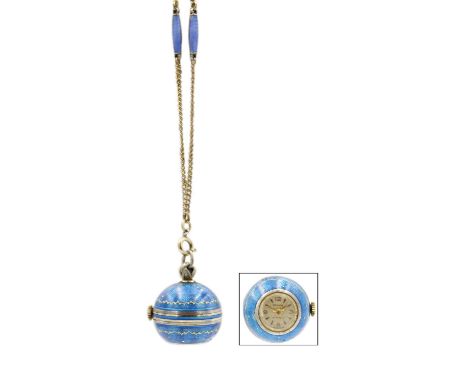 A silver gilt and blue guilloche enamel 'ball' pendant watch. With 17 jewel manual wind Swiss movement, stamped 0.925, diamet
