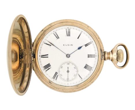 ELGIN - A rose gold plated full hunter crown wind pocket watch. The signed dial with Roman numerals and subsidiary dial, the 
