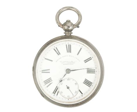 A silver key wind open face fusee lever pocket watch.  The 47mm white enamel dial signed 'RAILWAY WATCH MANUFACTURERS R. HOLM