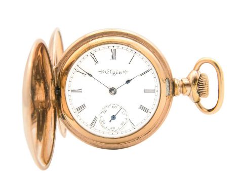 ELGIN - A rose gold plated full hunter lady's fob pocket watch. The signed 26mm dial with Roman numerals and subsidiary dial,