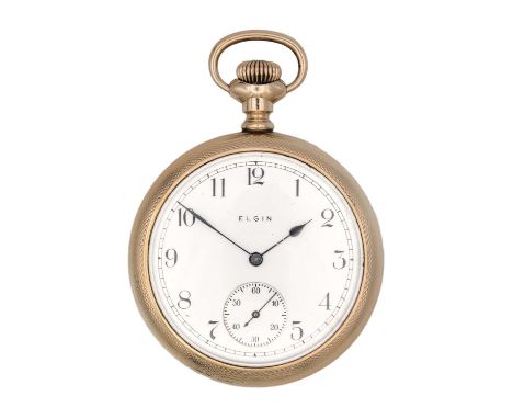 ELGIN - A rose gold plated crown wind lever pocket watch. The signed dial with Roman numerals and outer minute track, signed 