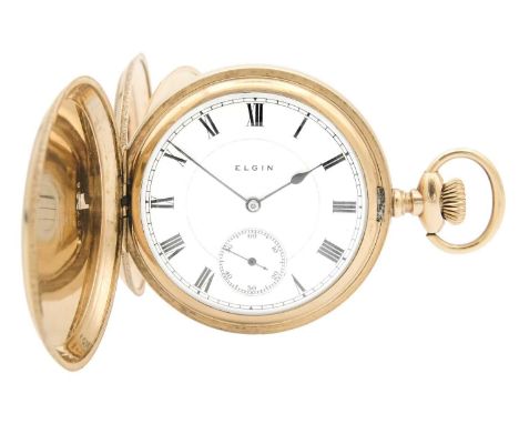 ELGIN - A rose gold plated full hunter crown wind lever pocket watch. The signed dial with Roman numerals and subsidiary dial