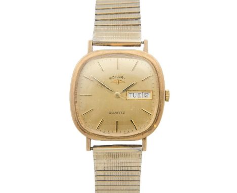 ROTARY - A 9ct cased gentleman's quartz wristwatch. The signed 28mm gilt dial with day/date aperture, the case hallmarked Lon