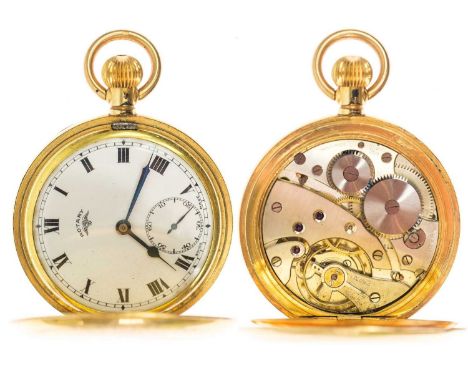 A gold-plated full hunter crown wind pocket watch by Rotary. The signed 40mm dial with subsidiary seconds, 15 jewel Swiss mov