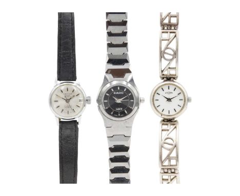 Three lady's wristwatches. One is a Rado Jubile ceramic lady's quartz bracelet wristwatch, ref. 120. 0281. 3.; An Orioso stai