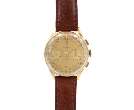 CHRONOGRAPHE SUISSE - An 18ct rose gold cased gentleman's chronograph wristwatch. The 34mm signed dial with gilt Arabic 12 an