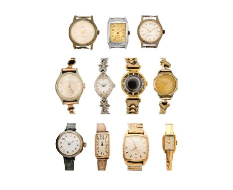 A collection of manual wind wristwatches for repairs or spares. Including a 9ct rose gold cased lady's Art Deco, a silver wir