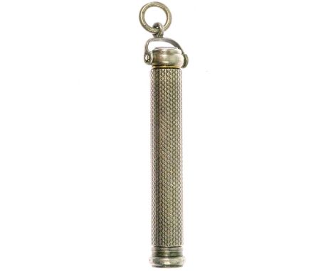 A silver engine turned propelling dip pen fob. With vacant seal end, length closed 6cm, 17.3g.